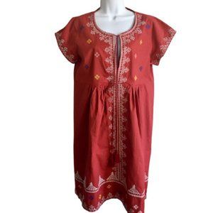 Boho Loose Fit Popover Dress Embroidered Brick Red Empire Large